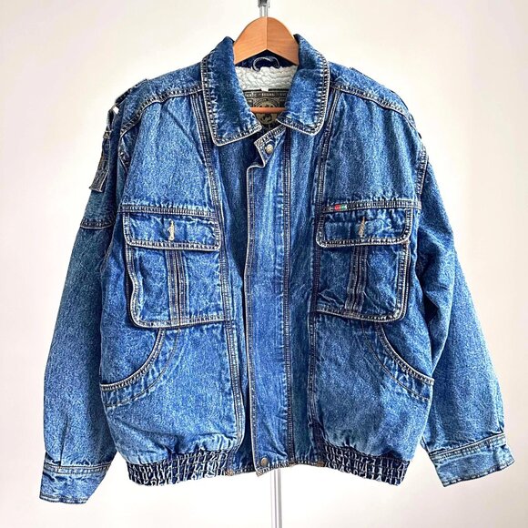 EUC Vintage Stallone Denim Bomber Jacket with Fur Lining, Size L - Picture 1 of 4